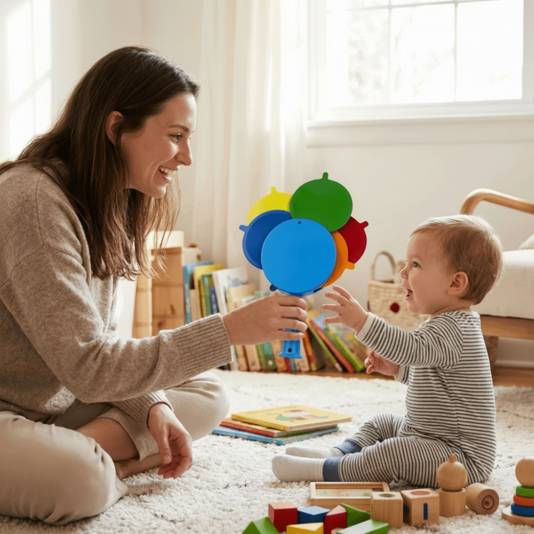 Adult and child exploring the brightly colored backs of the expression cards
