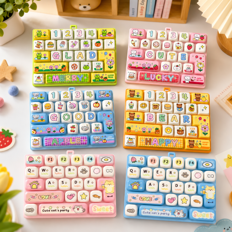 Six colorful fidget keyboards with letter, number, animal, and food designs