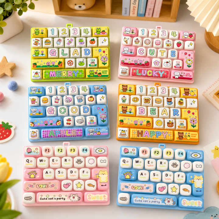 Six colorful fidget keyboards with letter, number, animal, and food designs