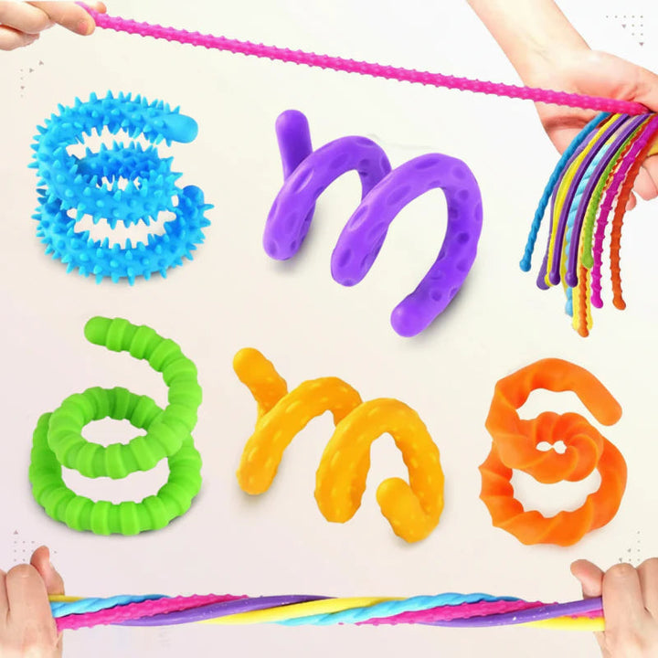 Six colorful sensory stick shapes with hands demonstrating stretching and twisting