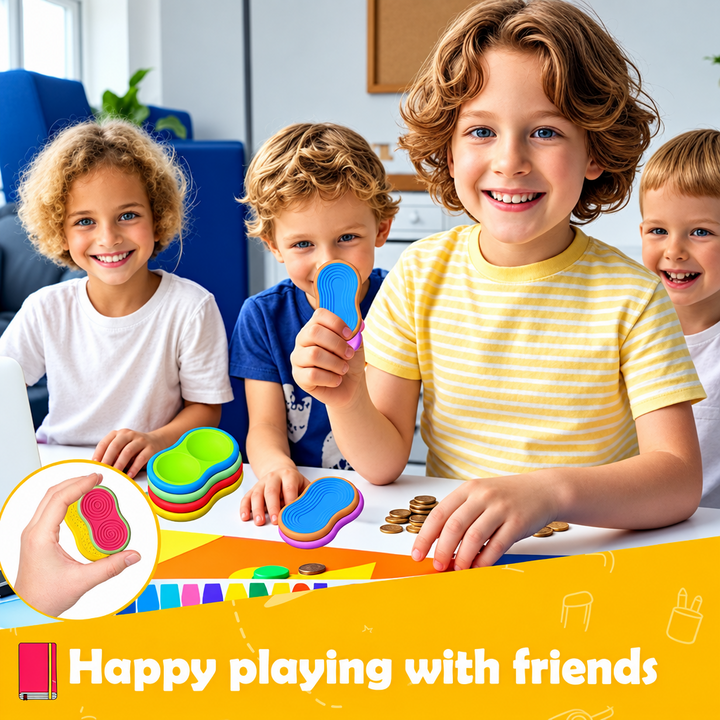 Children gathered at a table with colorful magnetic fidget toys