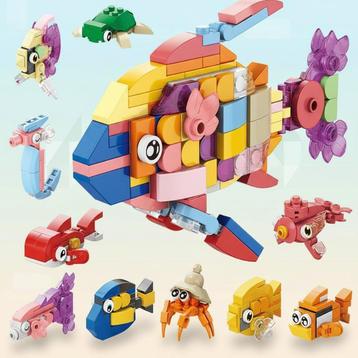 Multicolored fish block model with smaller fish and sea creature builds