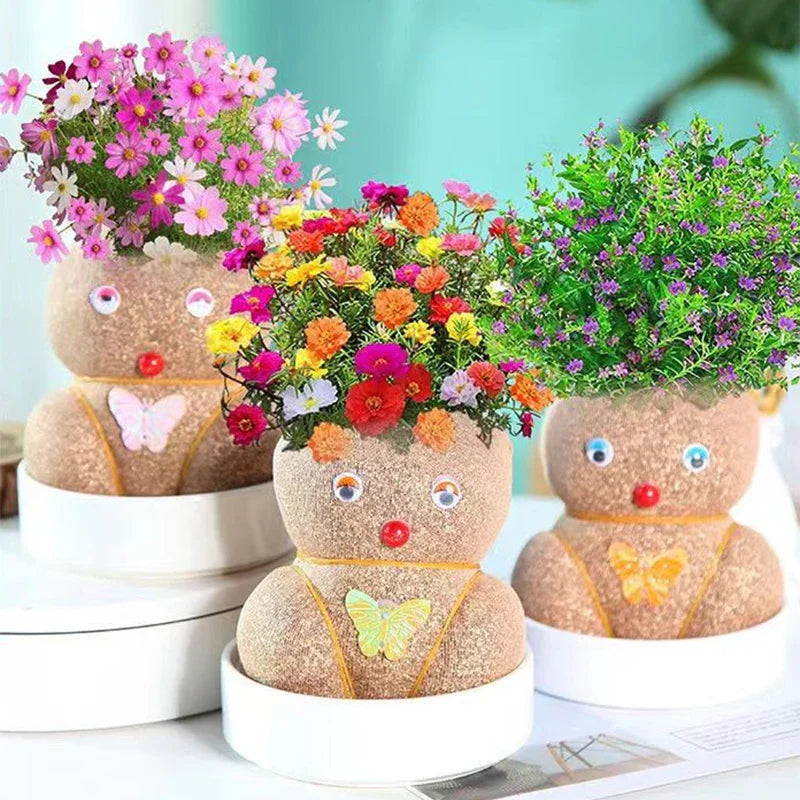 Three plant characters with colorful flowers and butterfly decorations in white bowls