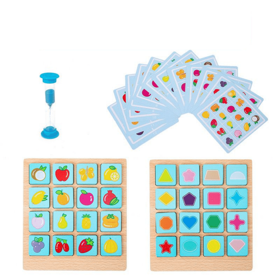 Wooden memory game displaying colorful fruit and shape tiles with pattern cards and a sand timer