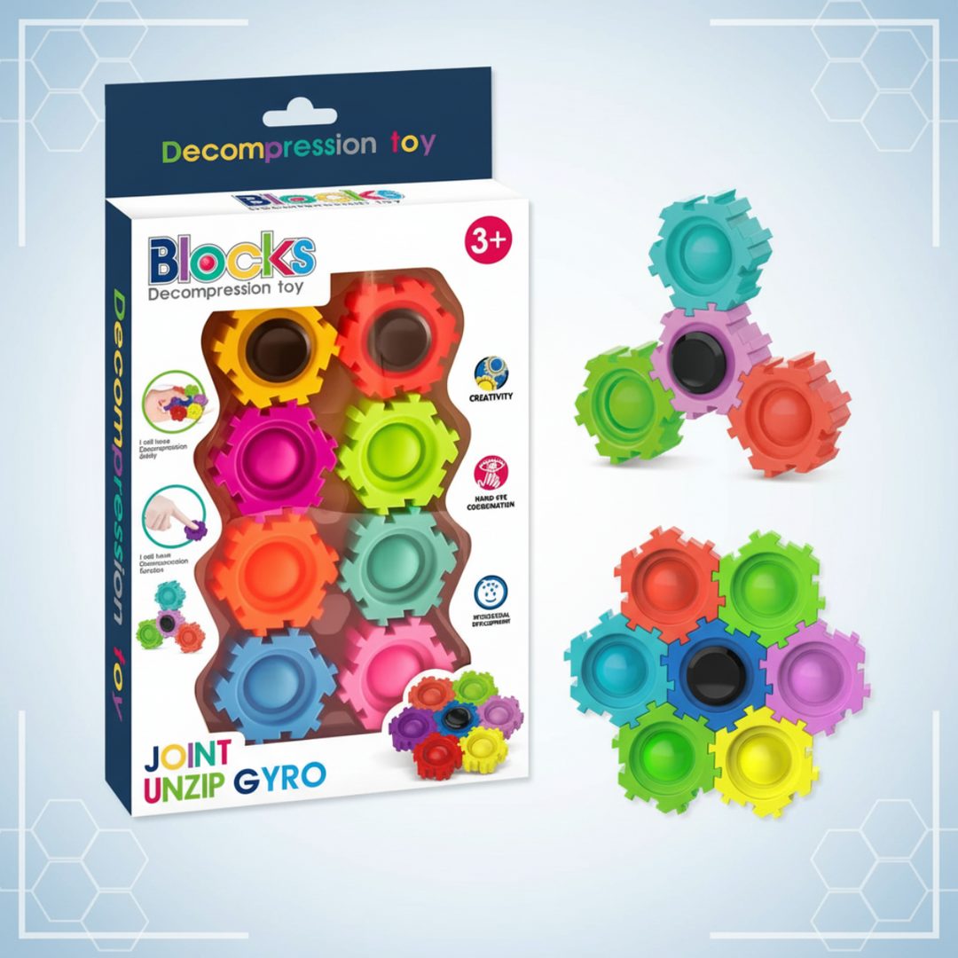 Boxed multicolor gear toy beside a three-gear arrangement and a circular gear cluster.