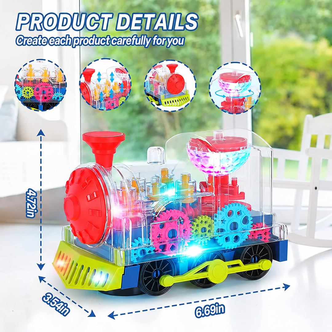 Toy train detail collage with colorful gears and dimensions of 6.69 x 3.54 x 4.72 inches.
