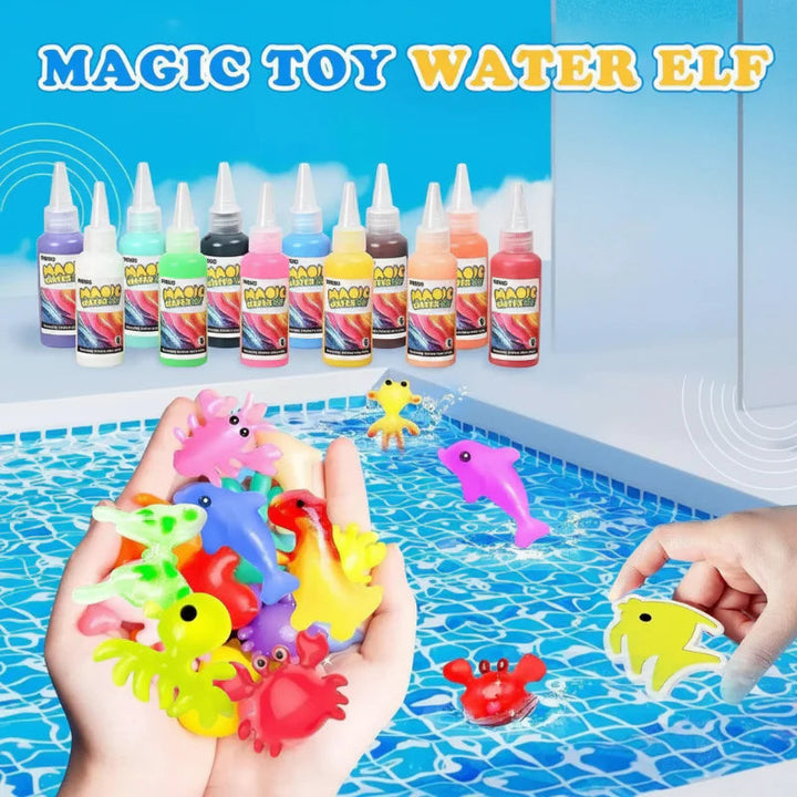 Hands holding colorful gel sea creatures beside squeeze bottles and a water tray