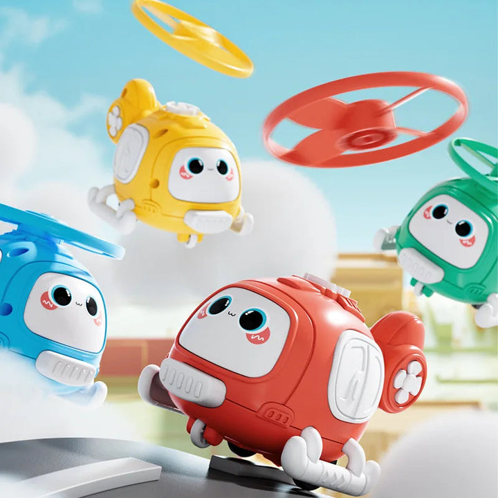 Four colorful cartoon helicopter toys shown with rotor discs in the air