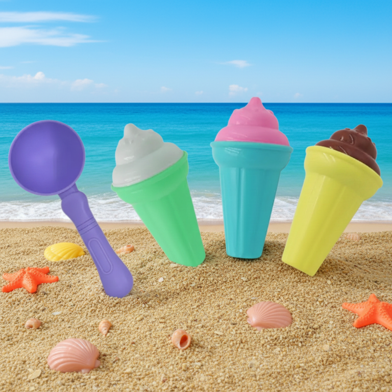Purple sand scoop beside green, blue, and yellow cone cups topped with ice cream molds
