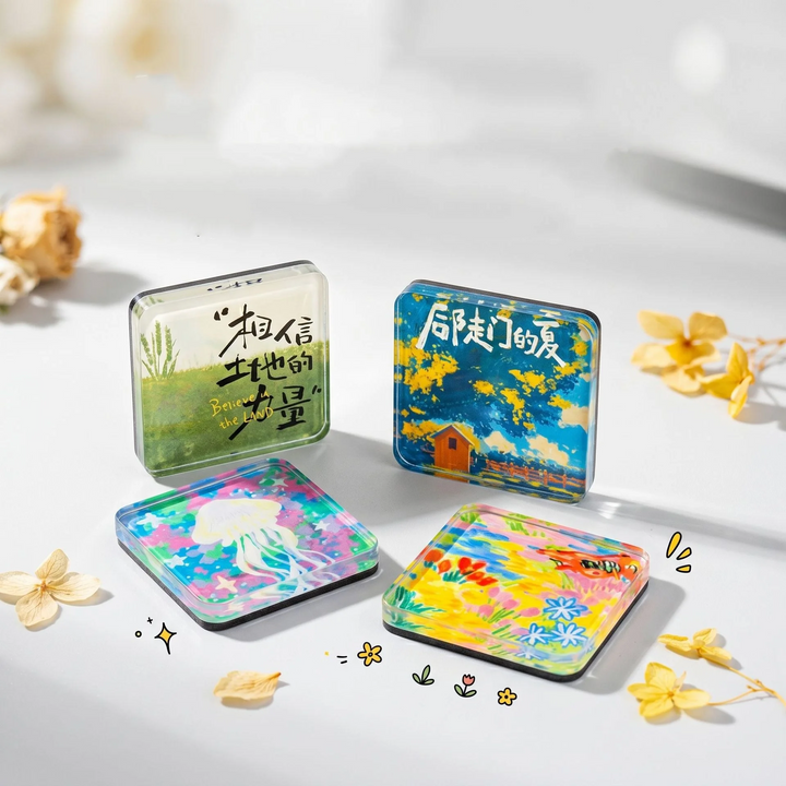 Four square acrylic magnets displaying colorful illustrations and decorative text.
