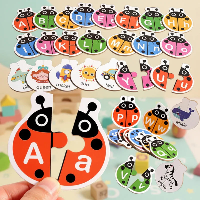 Ladybug alphabet puzzles with a red uppercase A and lowercase a pair held in front