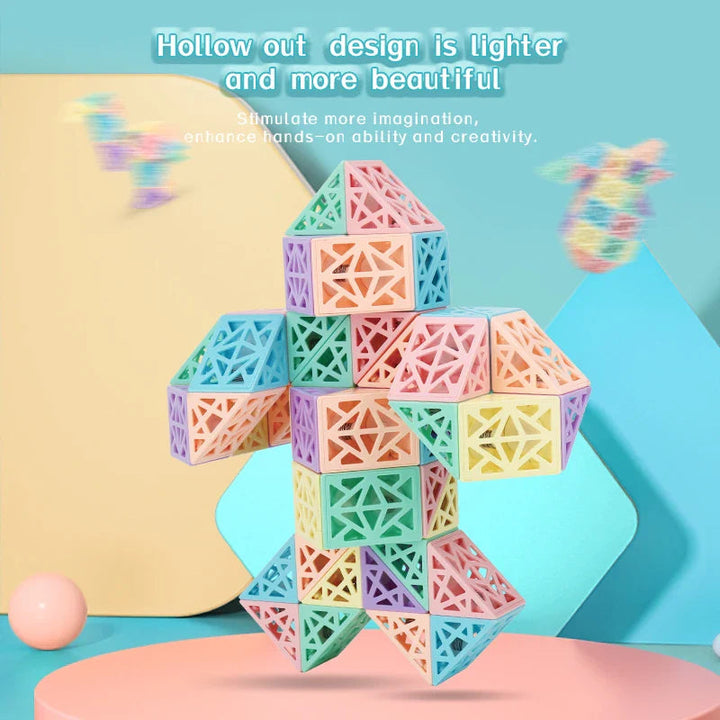 Hollow multicolored building pieces arranged as a standing robot