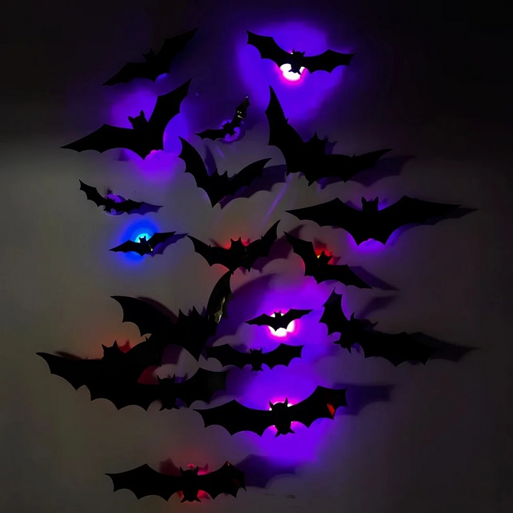 Black 3D bats arranged on a dark wall with purple, blue, and red LED lighting