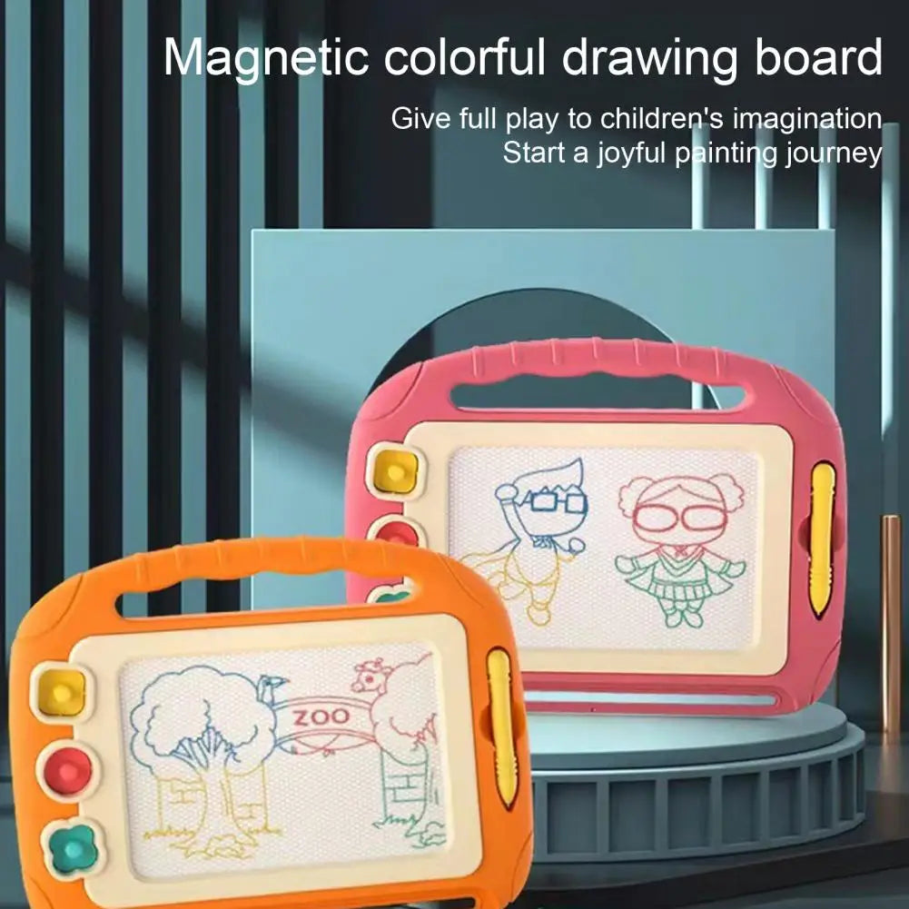 Pink and orange magnetic drawing boards displaying colorful character and zoo drawings