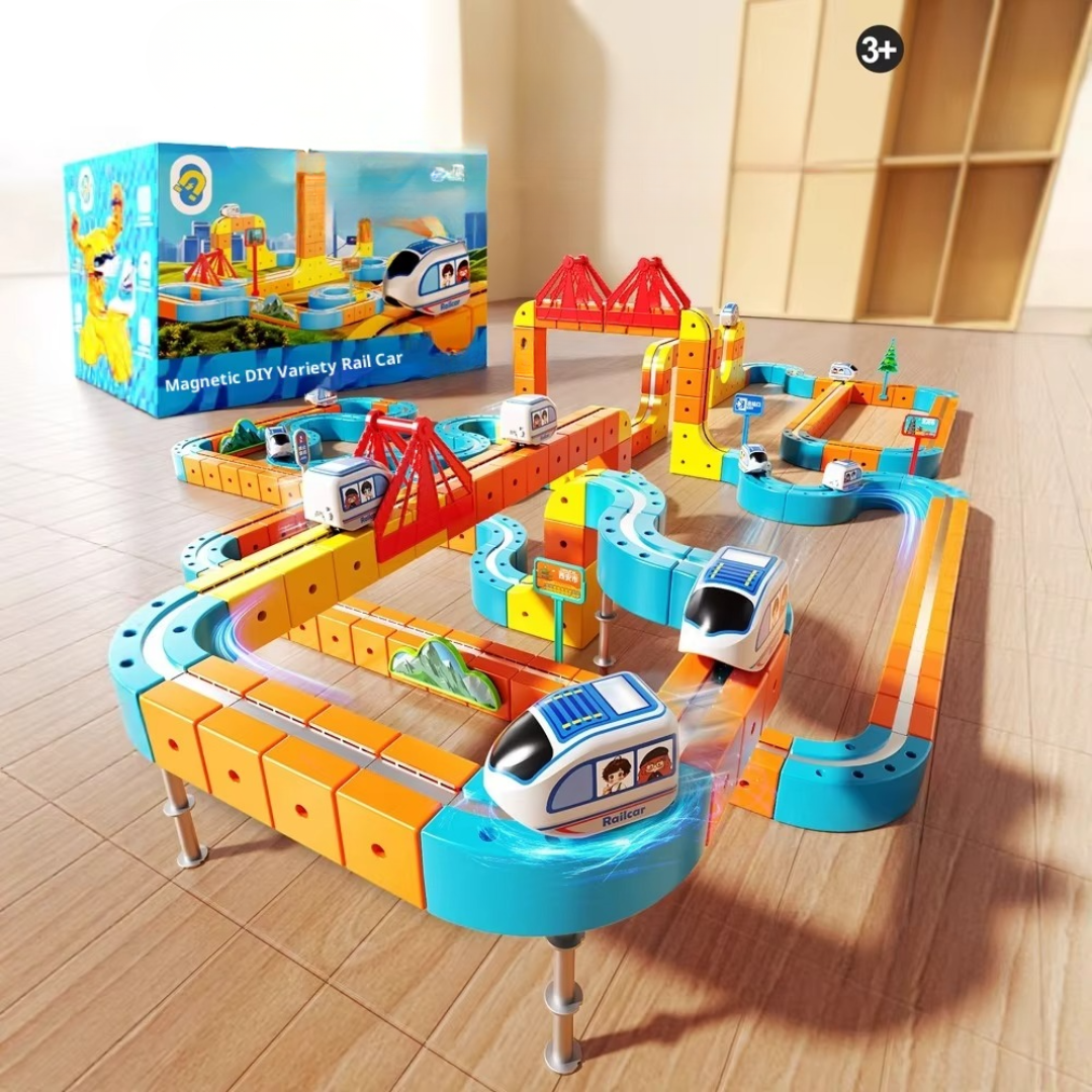 Colorful magnetic train track with bridges, elevated turns, and toy trains on a wooden floor
