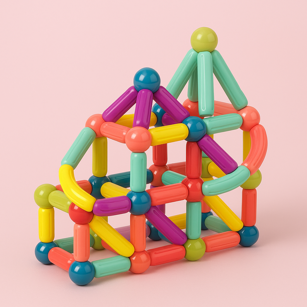 Colorful magnetic sticks and ball connectors assembled into a house-shaped structure on a pink background