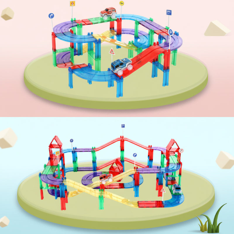 Two multilevel magnetic road layouts with colorful ramps, bridges, and toy cars