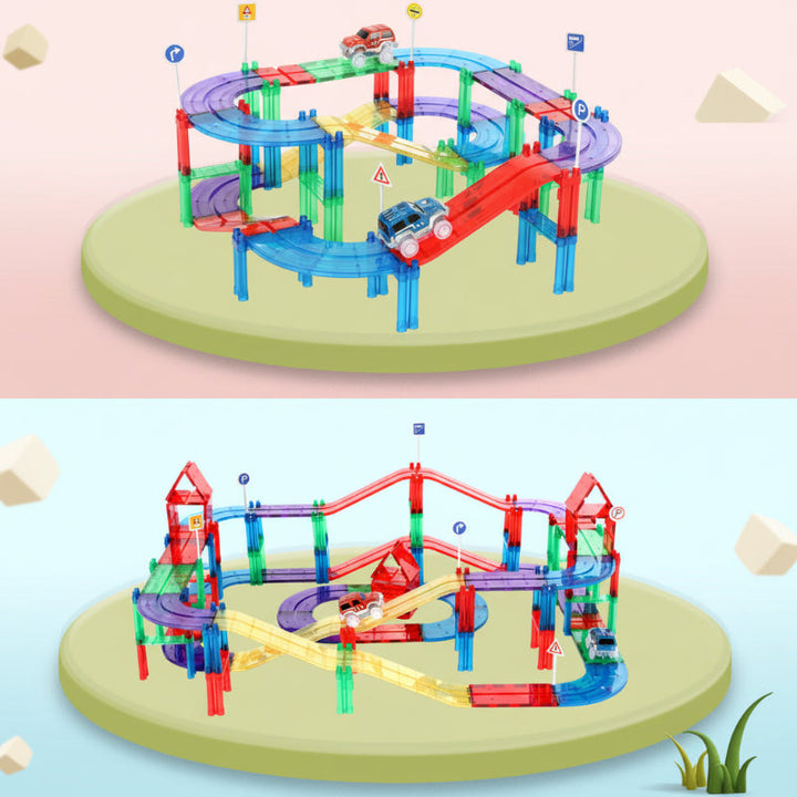 Two multilevel magnetic road layouts with colorful ramps, bridges, and toy cars