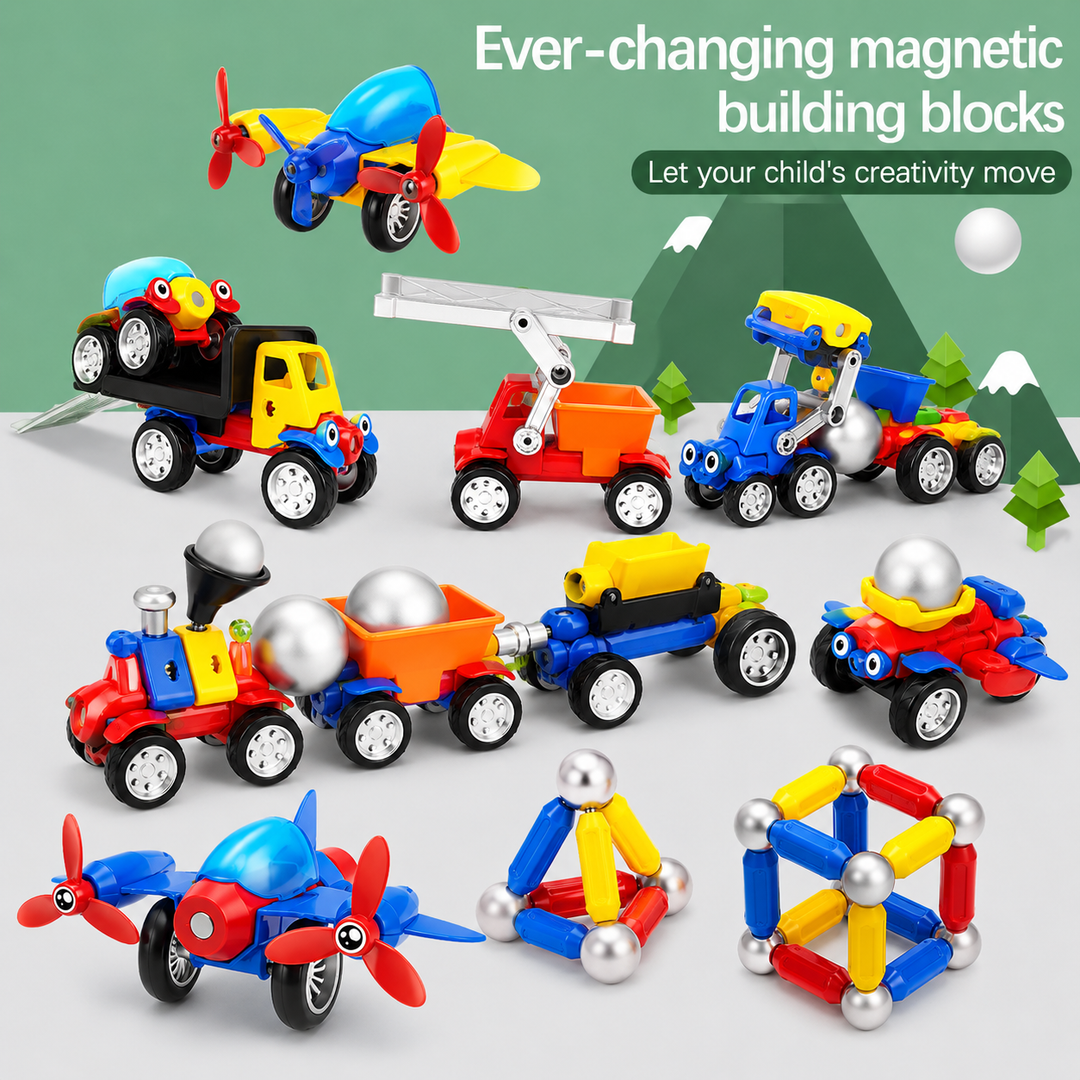 Colorful magnetic vehicles, aircraft, and geometric structures arranged together.