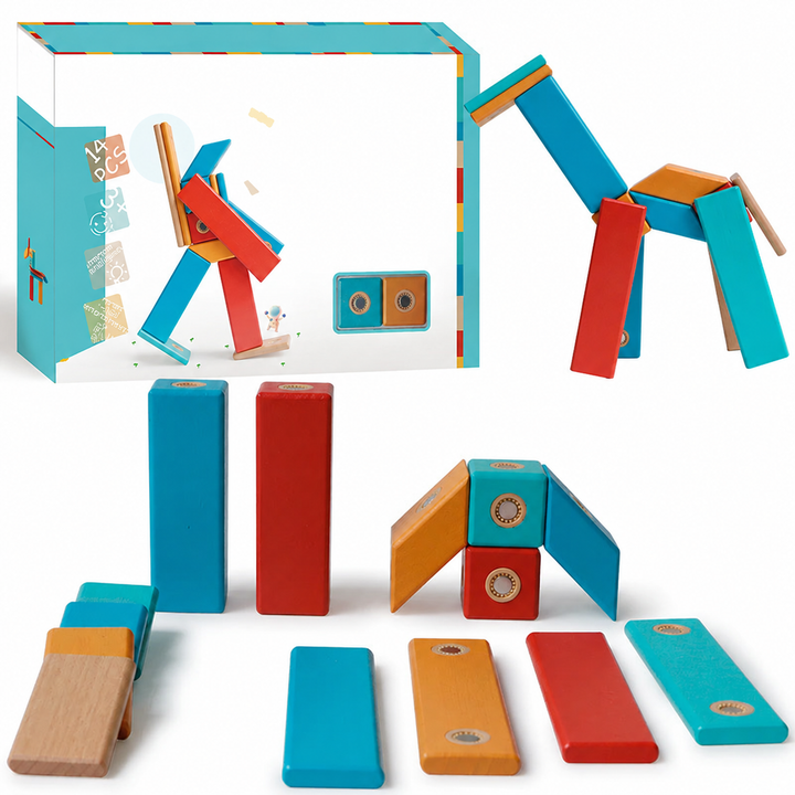 Magnetic wooden building set with colorful pieces, a long-necked animal model, and packaging