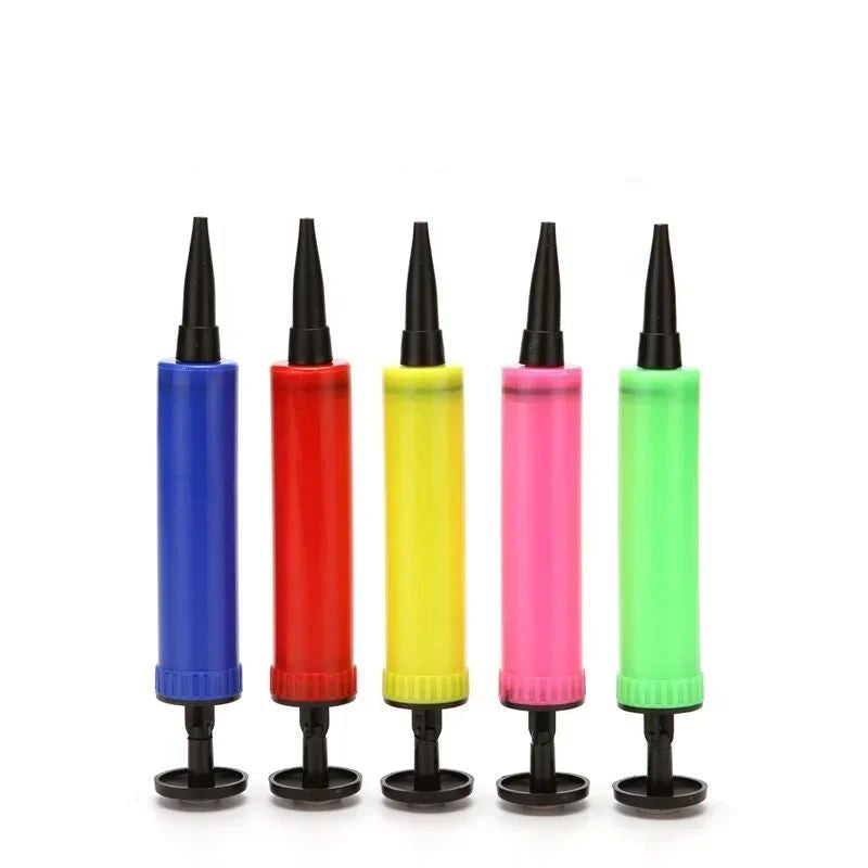 Manual air pumps shown in blue, red, yellow, pink and green