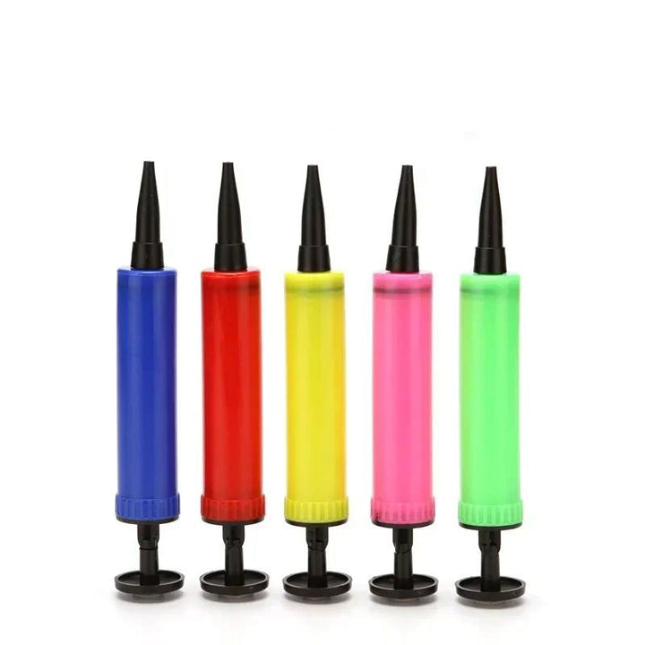 Manual air pumps shown in blue, red, yellow, pink and green