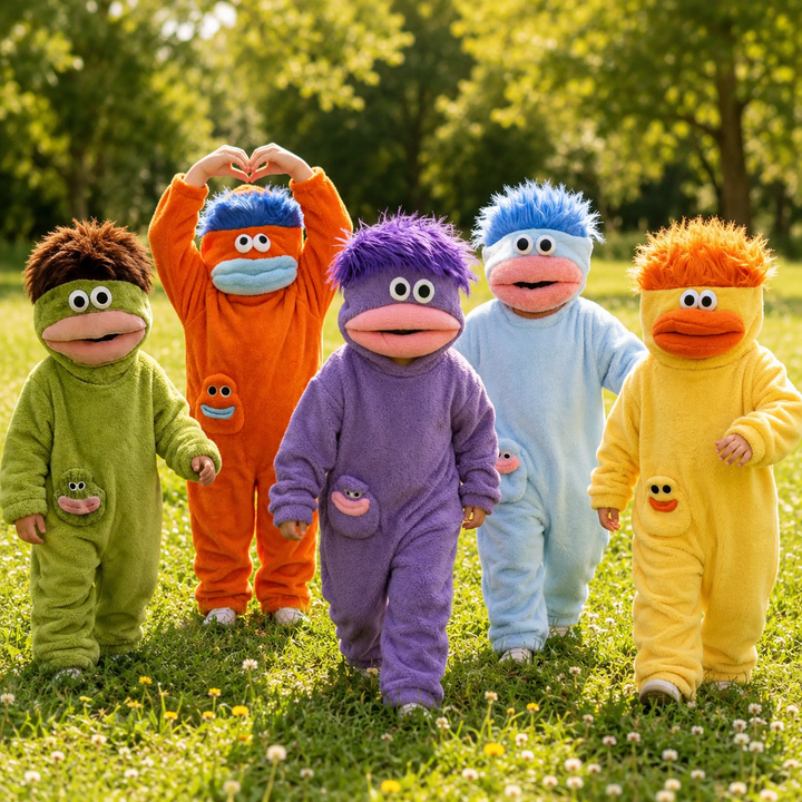 Children wearing five colorful hooded monster onesies in a grassy garden