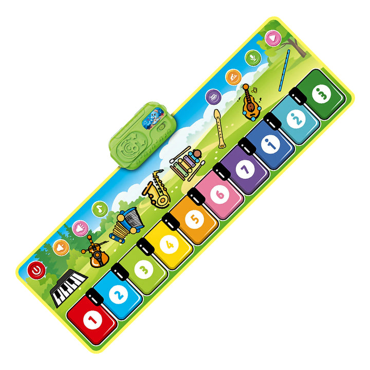 Colorful musical play mat with numbered keys, instrument illustrations, and a green speaker panel