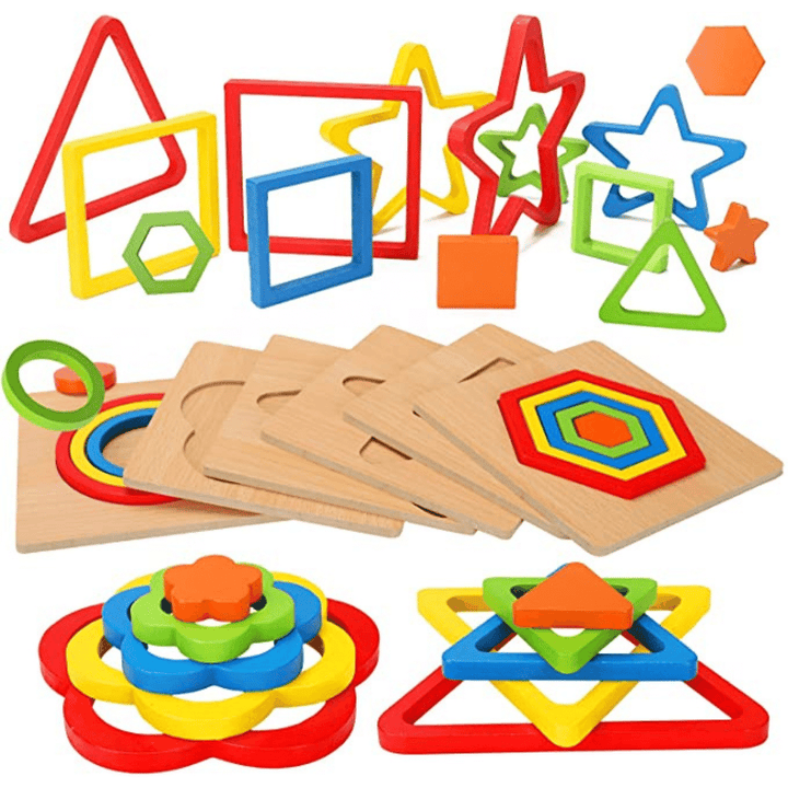 Colorful nesting puzzle pieces with wooden boards, including flower, triangle, square, star, and hexagon shapes