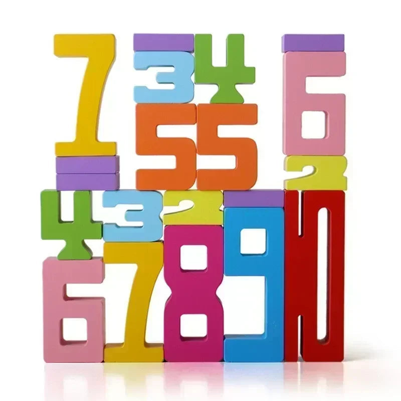 Wooden number blocks arranged into a freestanding wall.