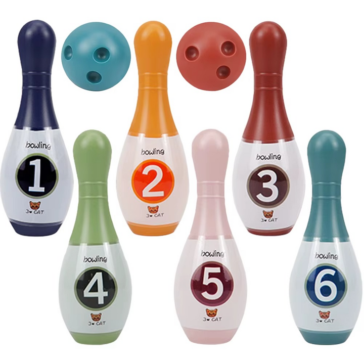 Six colorful bowling pins numbered 1 through 6 with teal and red bowling balls.