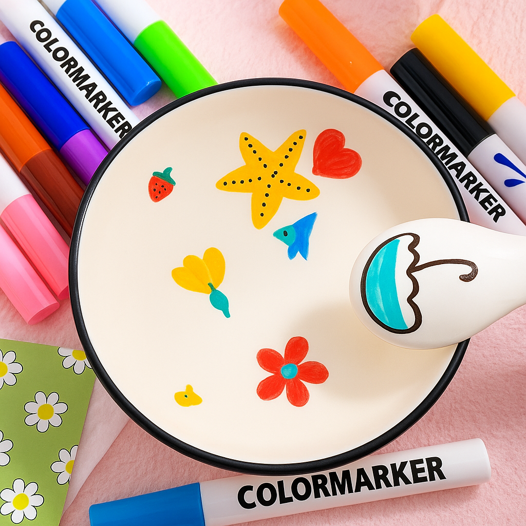 Colored pens beside a plate of fruit, flower, and star drawings and a decorated spoon