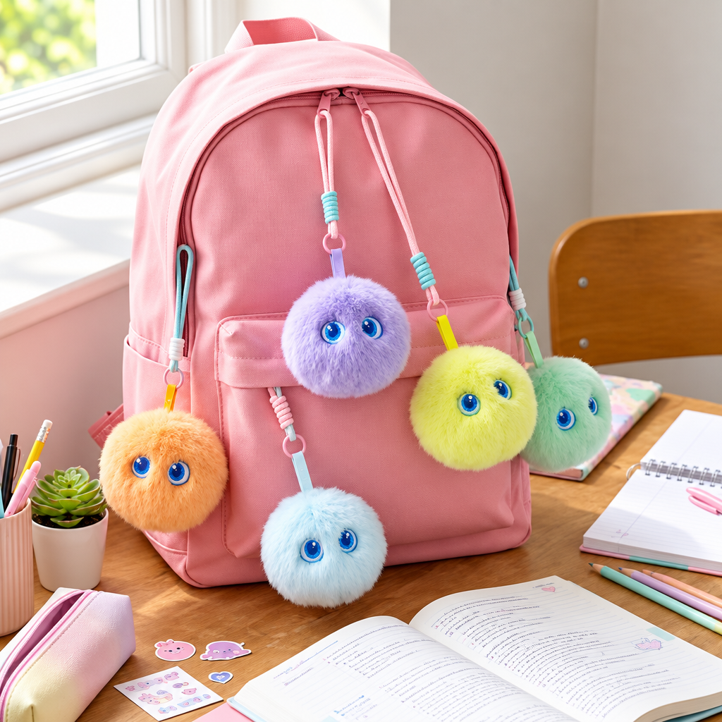Colorful round plush toys attached to the zippers of a pink backpack