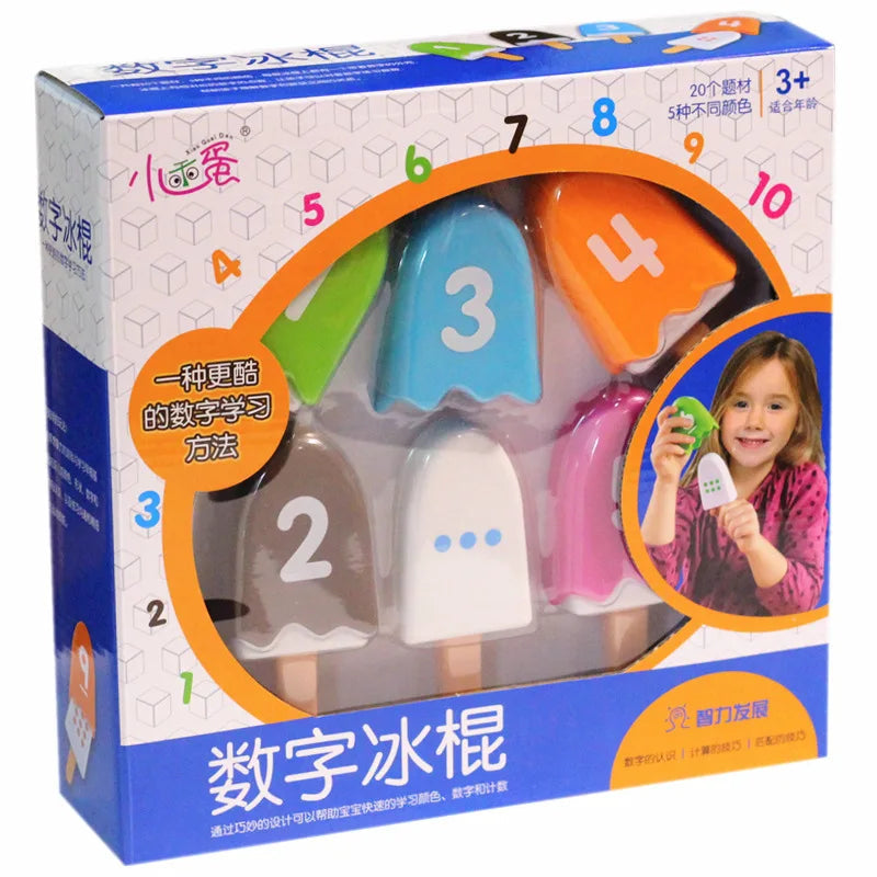 Popsicle counting toy box with colorful numbered pieces visible through the front window