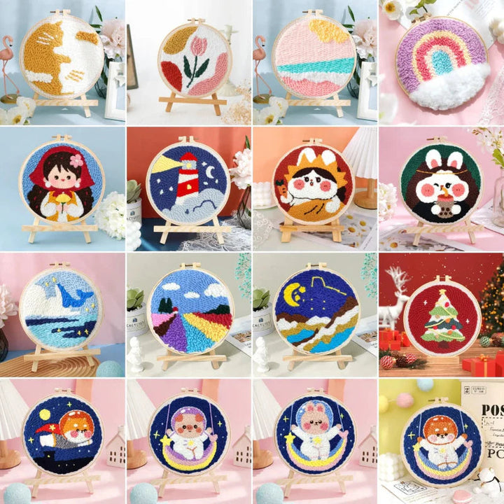 Colorful punch needle hoop designs featuring animals, landscapes, holiday motifs, and space scenes