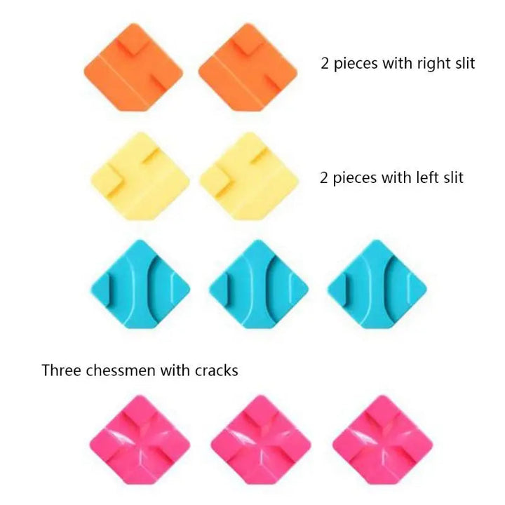 Ten puzzle track pieces in orange, yellow, turquoise and pink with different channel shapes