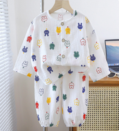 White two-piece pajamas with colorful rabbit illustrations