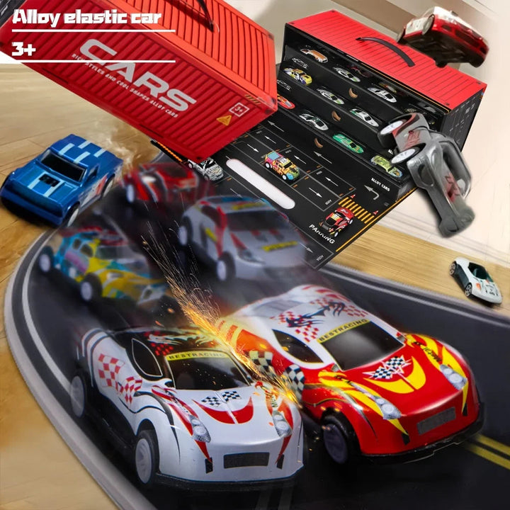 Close-up of colorful race cars beside a red container-style case and a printed roadway