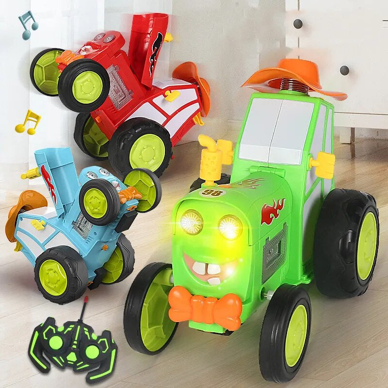 Red, blue, and green stunt tractors showing upright moves, glowing headlights, and a remote control