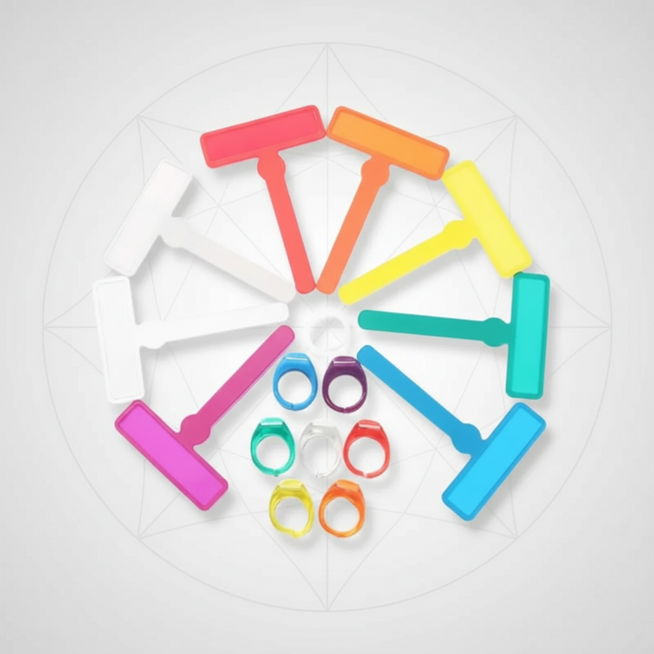 Colorful T-shaped reading guides arranged around matching finger rings.