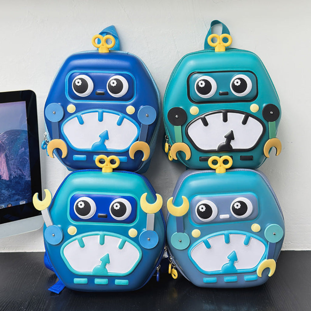 Four 3D robot backpacks in blue, green, and mixed-color designs