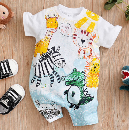 White short-sleeve baby romper covered in colorful safari animal illustrations
