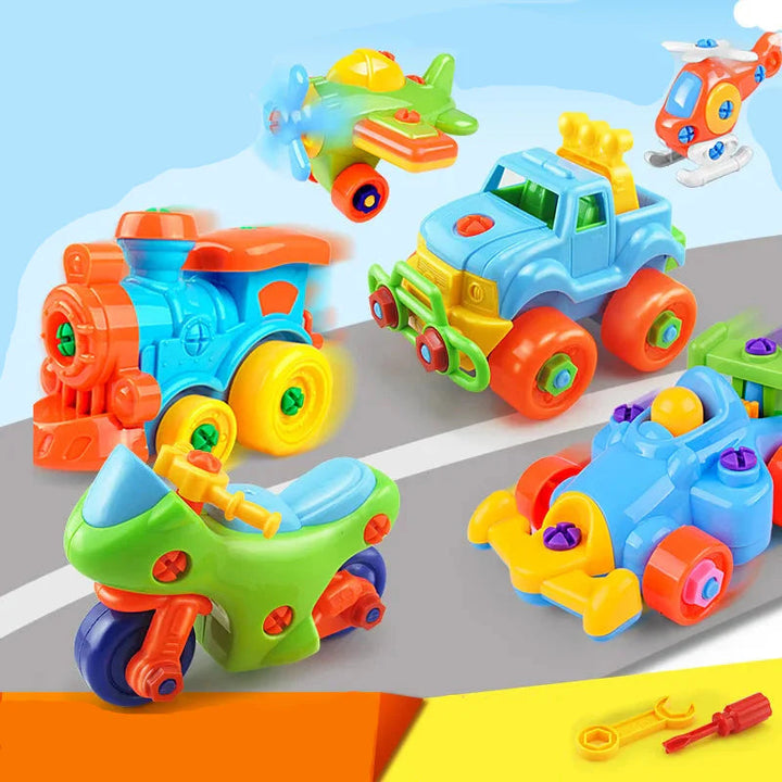 Colorful screw-assembly toy vehicles shown with a yellow wrench and red screwdriver