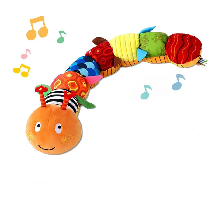 Colorful segmented plush rattle with an orange smiling face and patterned fabric sections