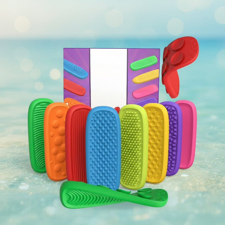 Colorful sensory strips with raised textures and a red strip bent to show its flexible back.