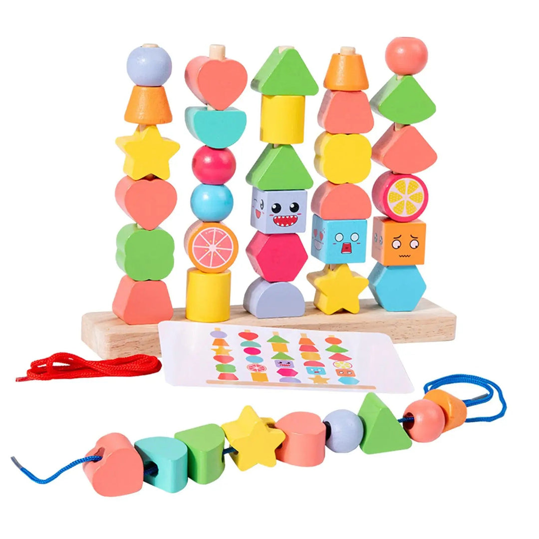 Wooden stacking stand holding multicolored shape beads, with a pattern card and laced beads in front.