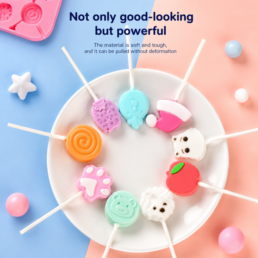 A white plate holding colorful lollipops in fruit, animal, paw, and holiday shapes