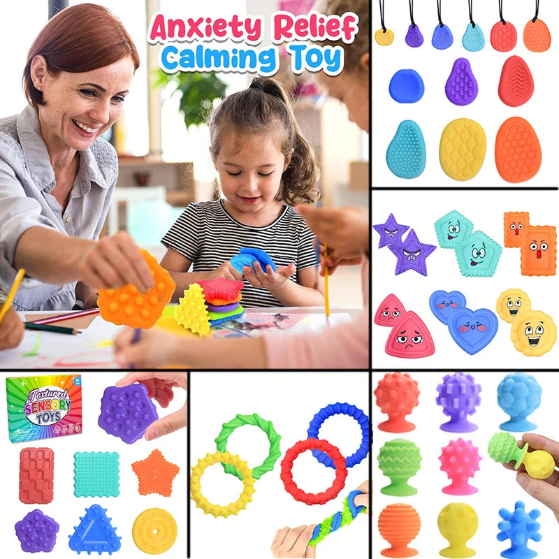 Child and adult exploring colorful silicone fidgets, with textured stones, shapes, rings, and bracelets