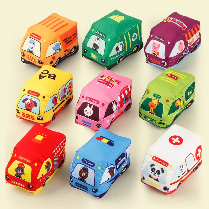 Nine soft vehicle designs with animal characters, including buses, cars, and emergency vehicles