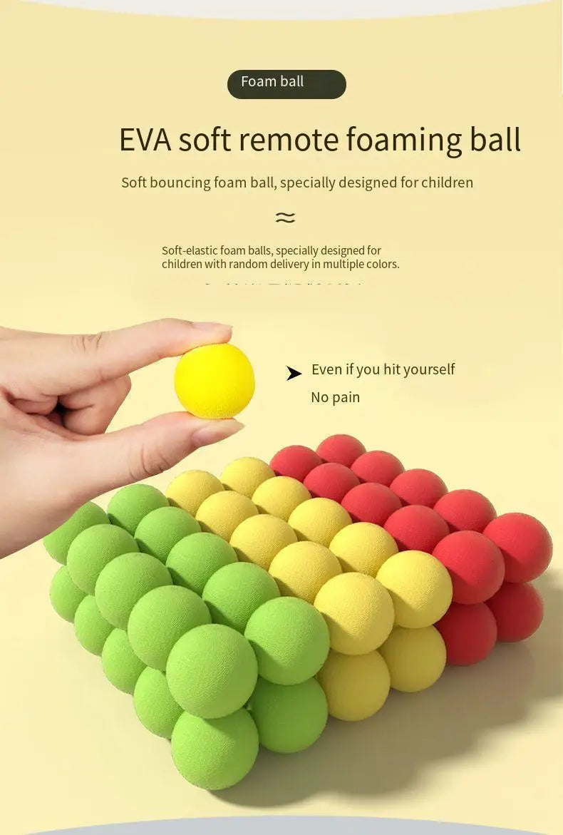 Yellow foam ball held above rows of green, yellow, and red foam balls